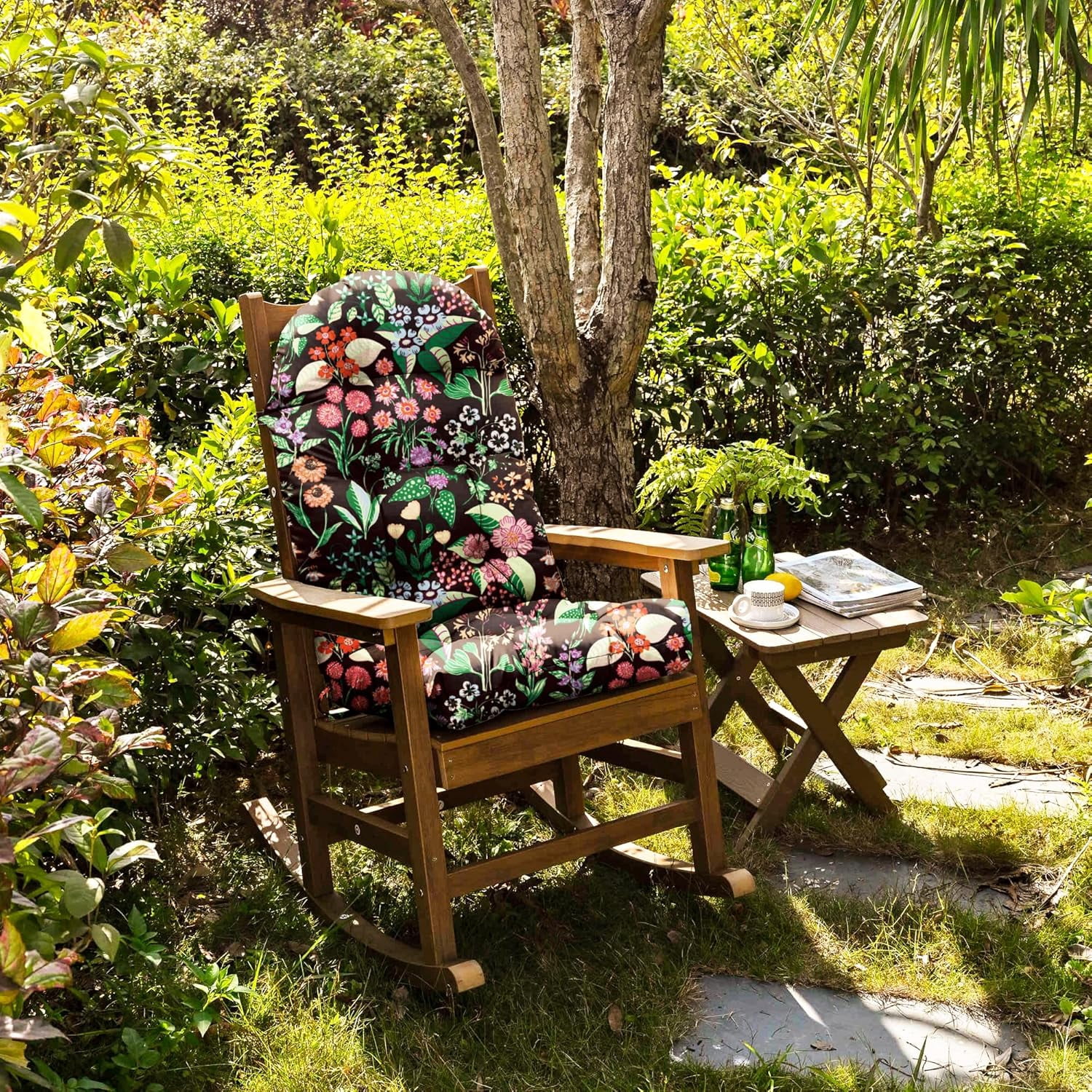 Floral High-Back Seat Cushion - Waterproof Outdoor Adirondack Chair Cushion for Patio Furniture with Tie, Vibrant Patterns, Premium Elastic Padding, Multi-Scenario Use