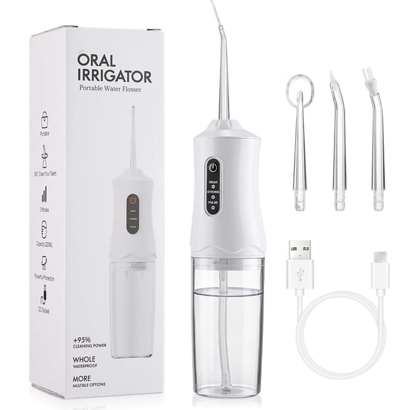 Cordless Water Flosser Electric Water Flosser Portable Oral Irrigator Dental Teeth Cleaner with 3 Modes 220ML Tank 4 Jet Tips Rechargeable Water Flosser for Teeth Home Travel, White