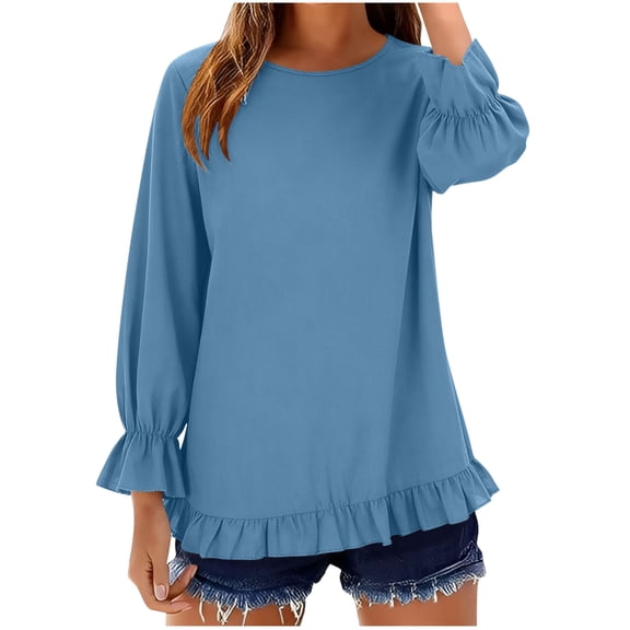 cocolona Women Long Sleeve Shirts Crew Neck Ruffle Hem Tops Fashion Casual Loose Solid Color Blouses