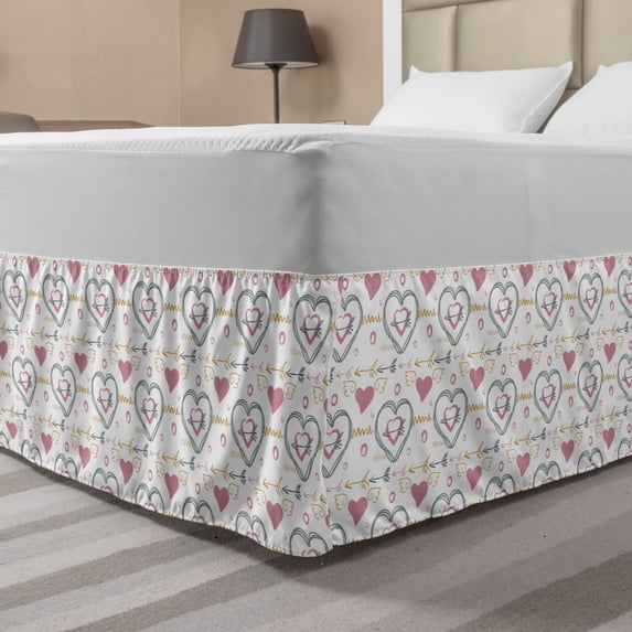 Arrow Bed Skirt, Hand Drawn Illustration of Dried Rose Hearts with Wings and Zigzags, Elastic Bedskirt Dust Ruffle Wrap Around for Bedding Decor, 4 Sizes, Dried Rose Dark Mustard, by Ambesonne