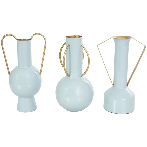 CosmoLiving by Cosmopolitan 7"W, 12"H Abstract Enameled Light Blue Metal Vase with Varying Shapes and Geometric Gold Handles, Set of 3