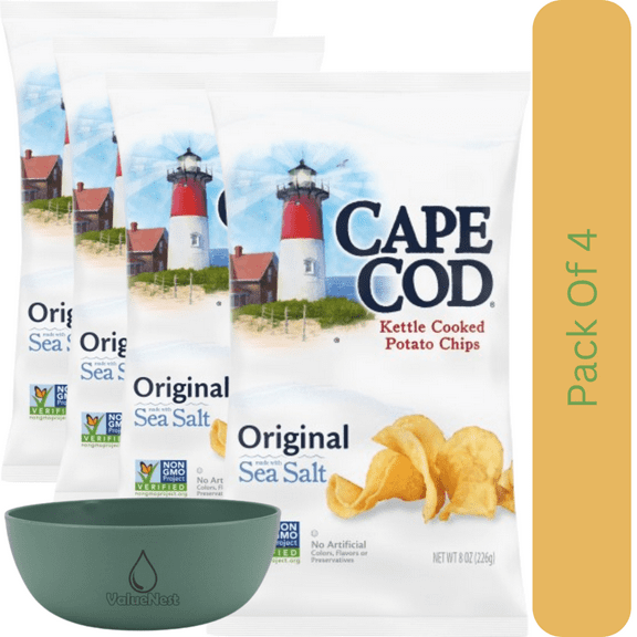 Cape Cod Original Kettle Cooked Potato Chips, Sea Salt Flavor, 8 oz Snack Bag With Olive Green Bowl By ValueNest