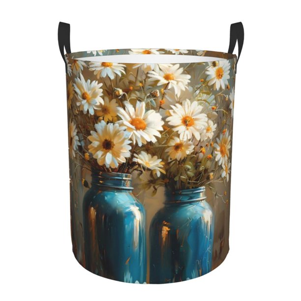 Fotbe Rustic Daisy Mason Jars Cesto de Ropa con Asas, Cesto Impermeable de Gran Capacidad, Bolsa de Lavado para Dormitorio, Cesto de Ropa con Ruedas y Asas-Medium