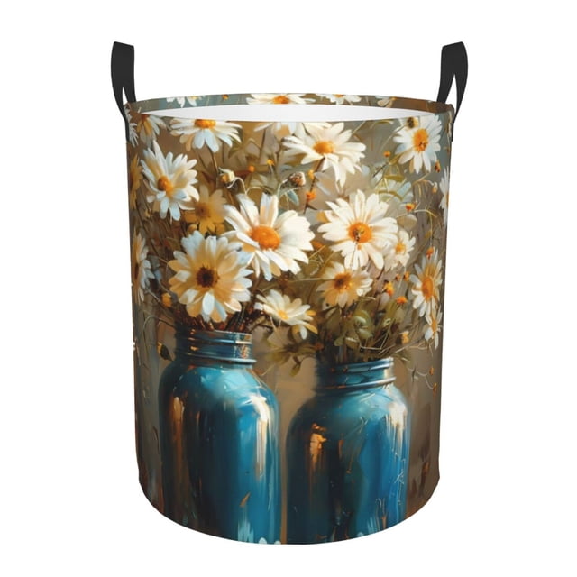 Balery Rustic Daisy Mason Jars Cesta de ropa redonda con asas, impermeable, independiente, para ropa, juguetes, dormitorio y familia-Small