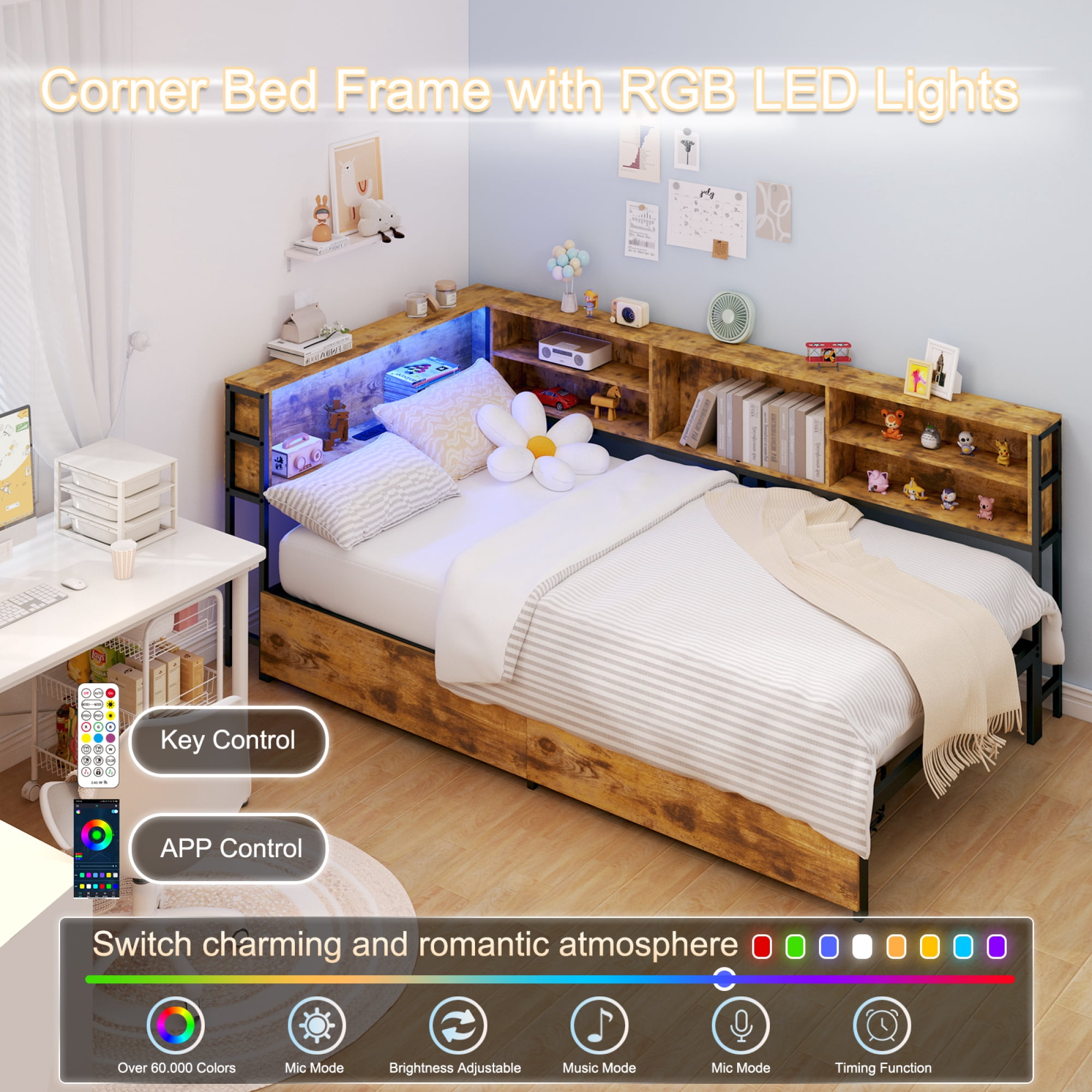 Leumius Corner Twin Bed Frame with Storage Drawers, Bookcase Headboard, LED Lighting & USB Charging Station,Twin Size Daybed for Kids Teens,Brown