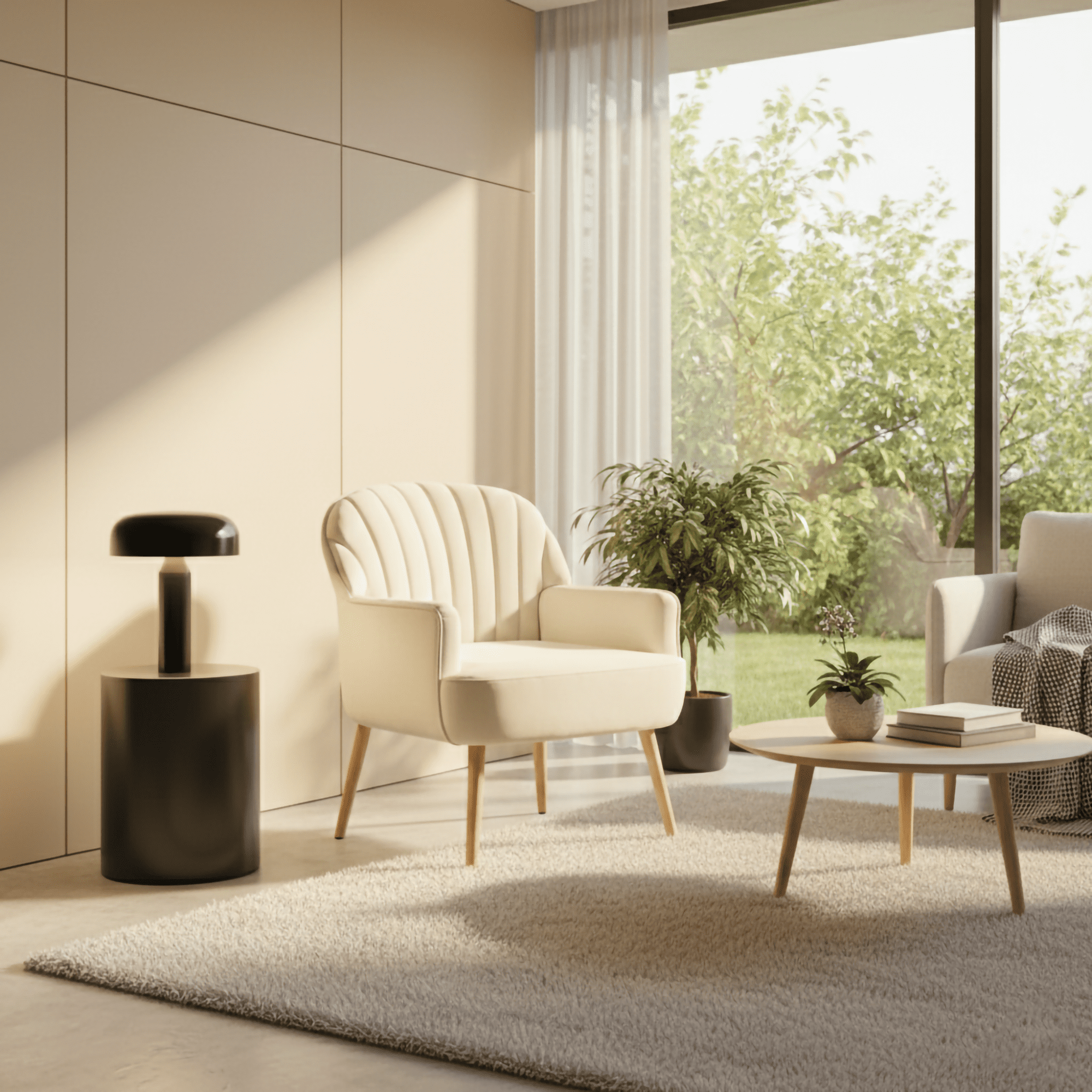 Mintazer Velvet Accent Chair with Shell-Shaped Backrest, Modern Upholstered Armchair with Metal Legs for Living Room & Bedroom, Beige