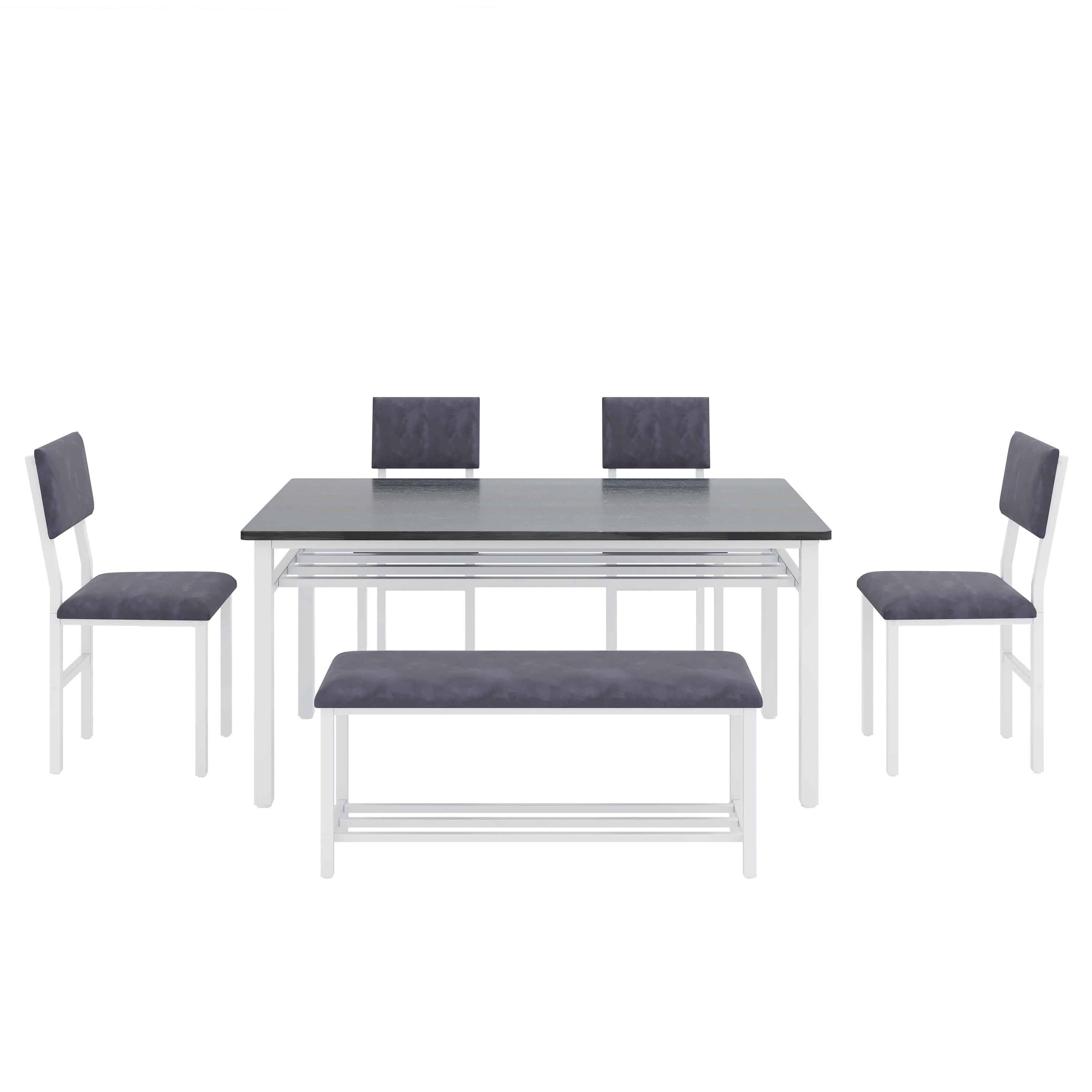 Legahome Dining Table Set for 6, 6 Piece Dining Set with Bench and Storage Rack, Metal Frame Kitchen Rectangular Table and Velvet Chairs Set for Dining Room, Blue Gray Table Top & Gray Chair
