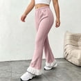 thumbnail image 5 of Ugoldhm Women's Ribbed Knit Flare Pants Elastic Waist Ruffle Hem Bow Decor Slim Casual Bell Bottom Trousers 0-14Y, 5 of 7