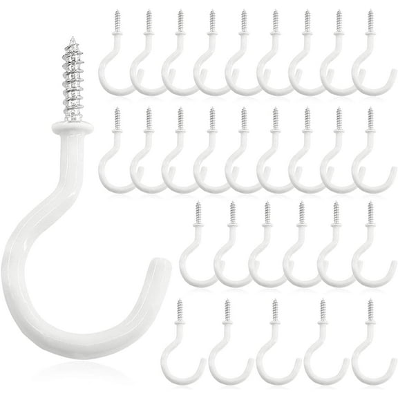 30 Pcs White Cup Hooks, 2 Inch Vinyl Coated Screw-in Ceiling Hooks, Plant Hooks, Kitchen Hooks Light Hooks, Cup Screw Hooks for Hanging On Outdoor and Indoor (White)