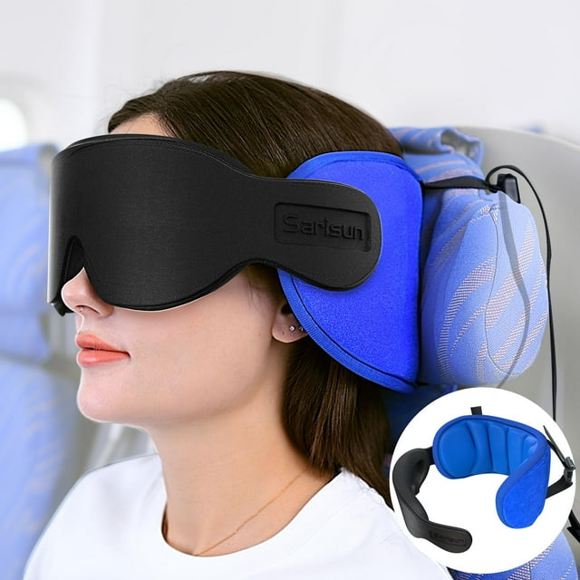 Almohada de viaje SARISUN para aviones con máscara de ojos 3D azul