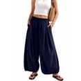 thumbnail image 4 of Holzkary Women's Balloon Pants Elastic High Waist Wide Leg Loose Pleated Harem Pants Summer, Casual Pants with Side Pockets for Spring Fall Summer Beach Vacation and Travel Dark Blue L, 4 of 6