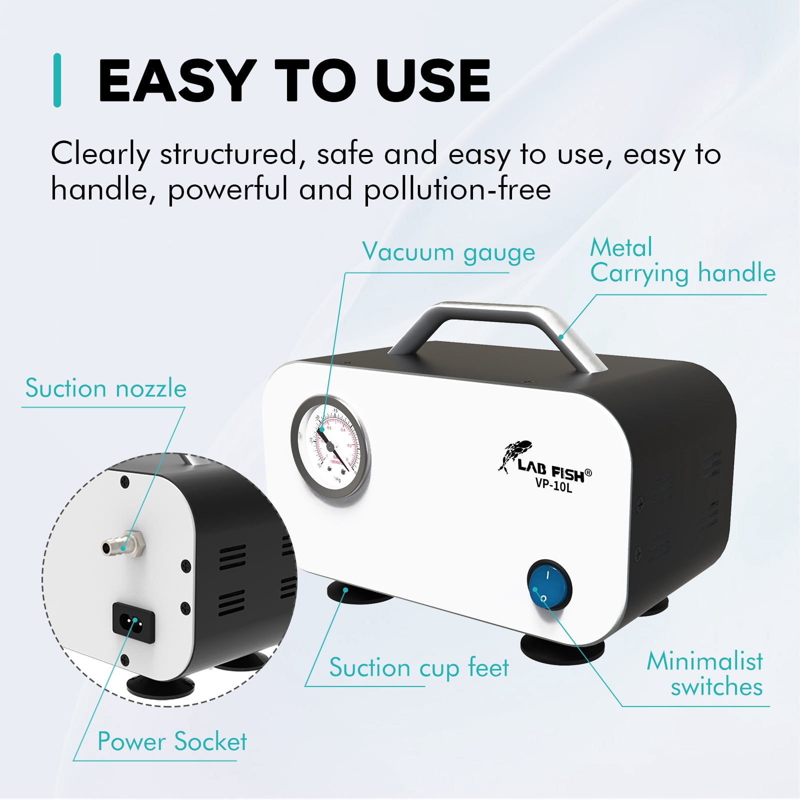 LAB FISH Oil-Free Diaphragm Vacuum Pump, 10L/min 0.075Mpa, Portable Laboratory Vacuum Filtration Pump with Rubber Hose, 110V, Maintenance-Free