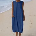 thumbnail image 2 of Feancey Boho Linen Dress for Women Crew Neck Sleeveless Maxi Dresses Summer Casual Loose Tank Dress Flowy Beach Vacation Dresses with Pockets Blue L, 2 of 10