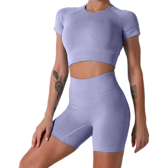 SMZ Yoga Outfits for Women 2 Piece Set Tracksuit Seamless Short Sleeve Crop Top Workout Leggings Sportwear