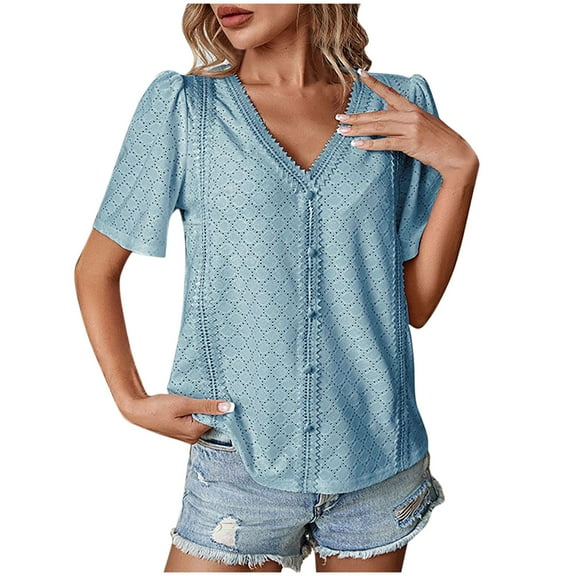 Mittory Women's Elegant Lace V Neck Short Sleeve Solid Tops Shirt Blouse