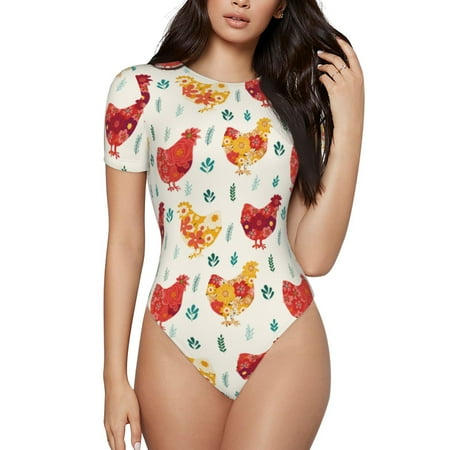 Gaeub Colorful Flower Chickens Print Women s Short Sleeve One Piece Swimsuit Sexy High-Waisted Bodysuit Bathing Suit for Swimming  Beach  Sports-Medium