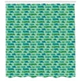thumbnail image 3 of Camper Shower Curtain, Grid Style Squares Background with Various Caravan Models Travel, Fabric Bathroom Set with Hooks, 69W X 70L Inches, Green Mint Green and Blue, by Ambesonne, 3 of 3