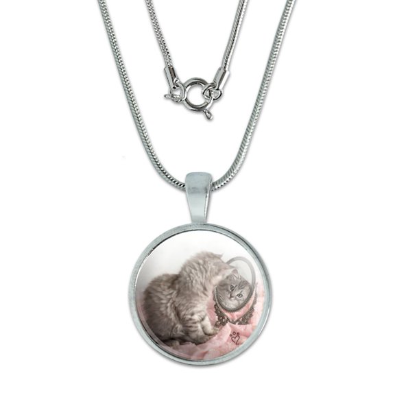 Siberian Cat Kitten Mirror Fairest Of Them All 0.75" Pendant with Sterling Silver Plated Chain
