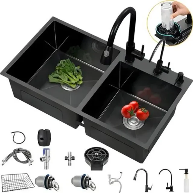 Fregadero Doble de Acero Inoxidable 304 Negro Tarja con Grifo Extraíble y Accesorios Kit Completo 80x45x22cm