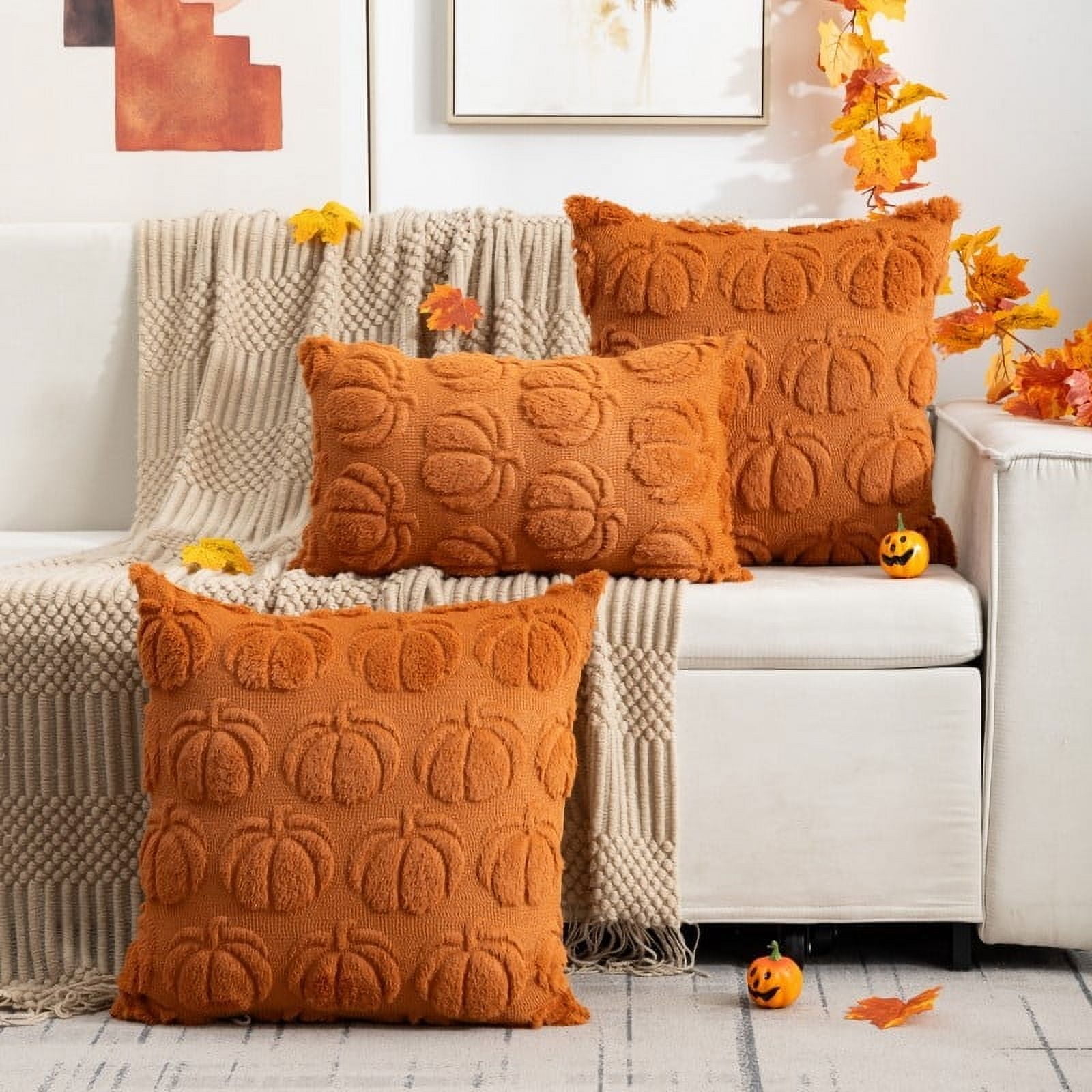 Fall Pillow Covers 18x18 Set of 4 Fall Decorations Thanksgiving Autumn Pumpkin Throw Pillow Cases Soft Plush Faux Fur Wool Couch Cushion Case for Chair Sofa Bedroom Living Room Home Decor