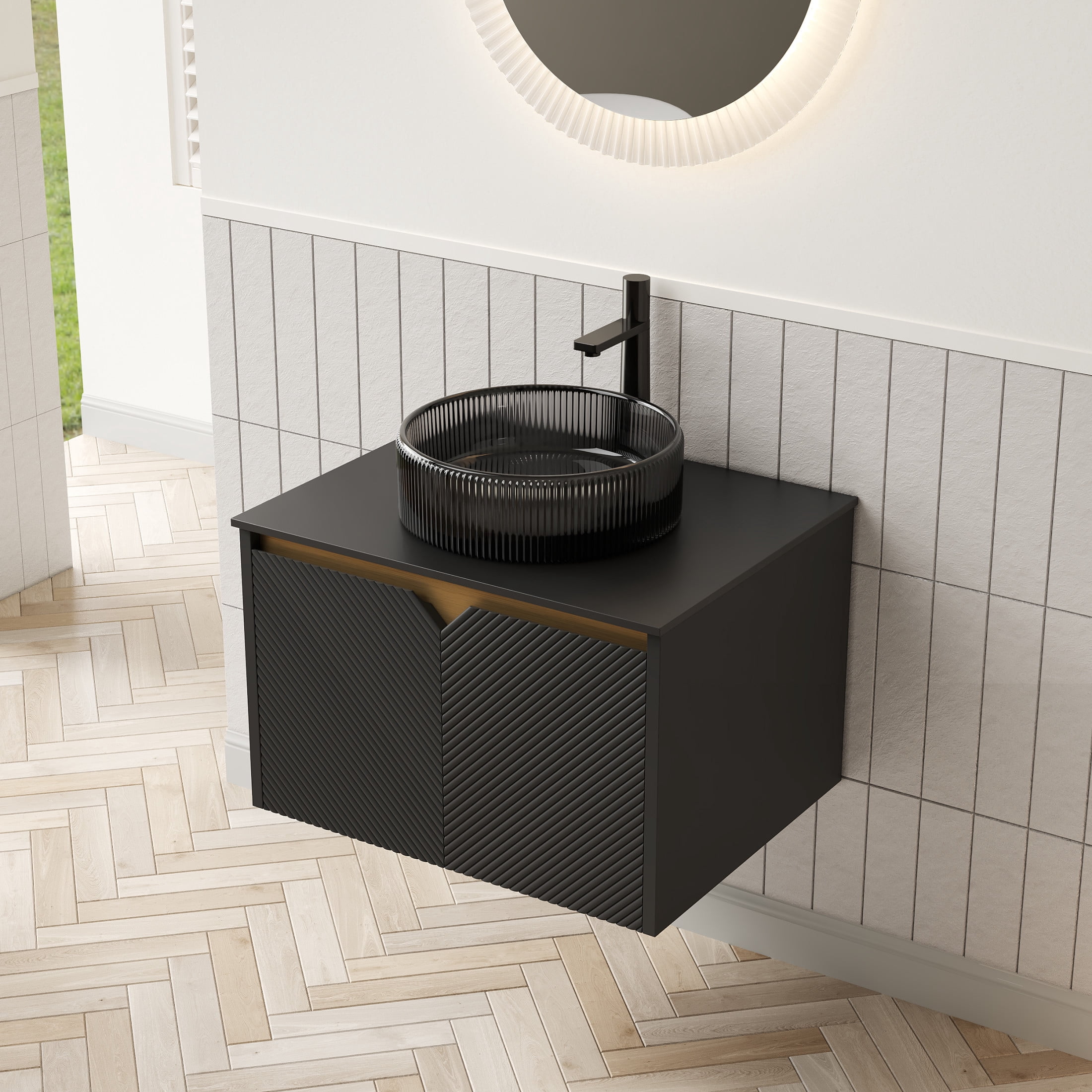 Noble House RUBEN 24" Floating Bathroom Vanity, Sintered Stone Top Cabinet with Black Round Glass Vessel Sink, Black