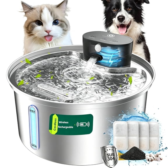 Wireless Cat Water Fountain, Stainless Steel 108OZ/3.2L Cordless Automatic Sensory Cat Water Fountain, Battery Operated Pet Water Fountain Rechargeable Water Dispenser with 4 Filters for Cats Dogs