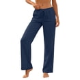 thumbnail image 2 of Womens Pants Drawstring Solid Color Pocket Casual Loose Linen Trousers Navy L, 2 of 8