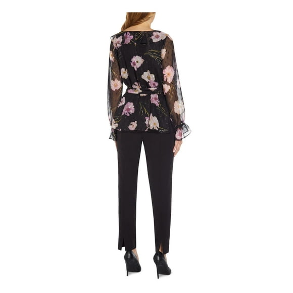 Adrianna Papell Womens Black Sheer Ruffled Floral Balloon Sleeve V Neck Wear to Work Top 8