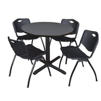 Cain 42" Grey Round Breakroom Table and 4 'M' Stack Chairs, Multiple Colors