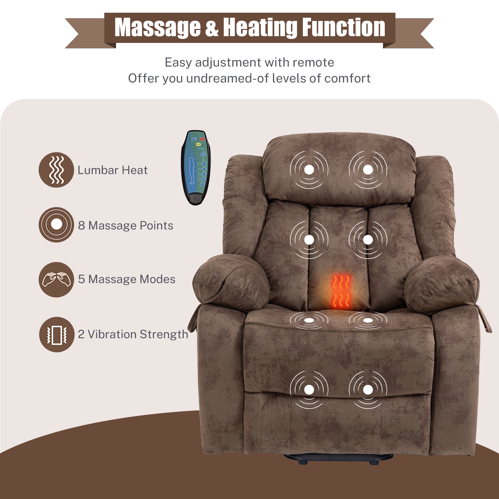 Power Lift Recliner Chair with Heat and Vibration Massage, UHOMEPRO Modern Fabric Elderly Electric Reclining Sofa with Remote Control and Side Pockets for Living Room Home Theater, Light Brown