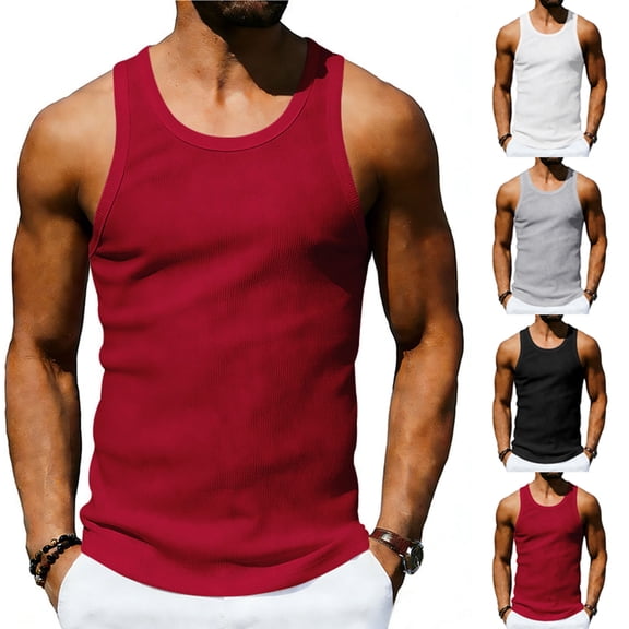 Antinious Men Solid Rib Elastic Sleeveless Breathable Outdoor Workout Basic Loose Tank Top
