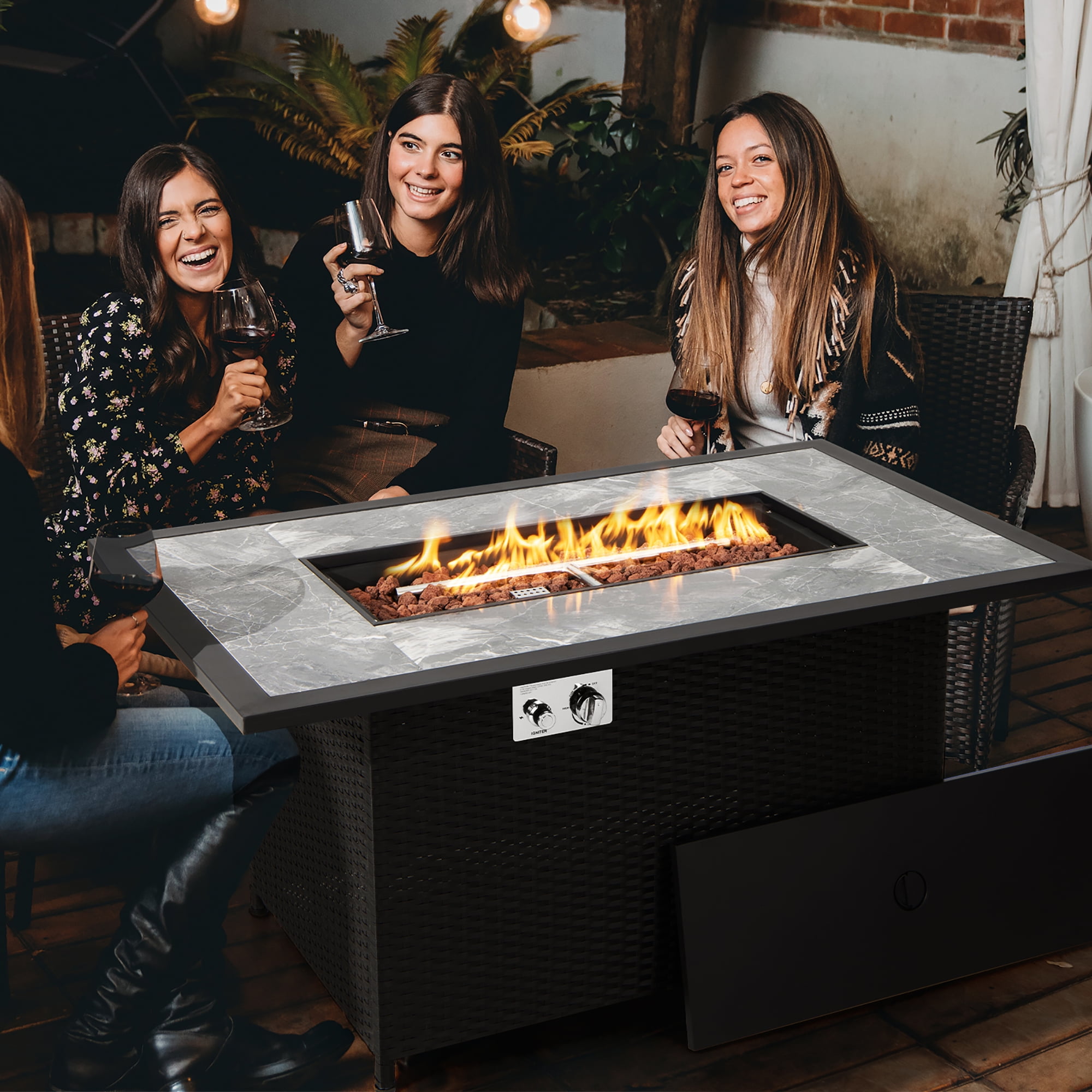 Costway 52'' Propane Fire Pit Table Marble Tabletop Rattan Wicker w/ Rain Cover Lava Rock