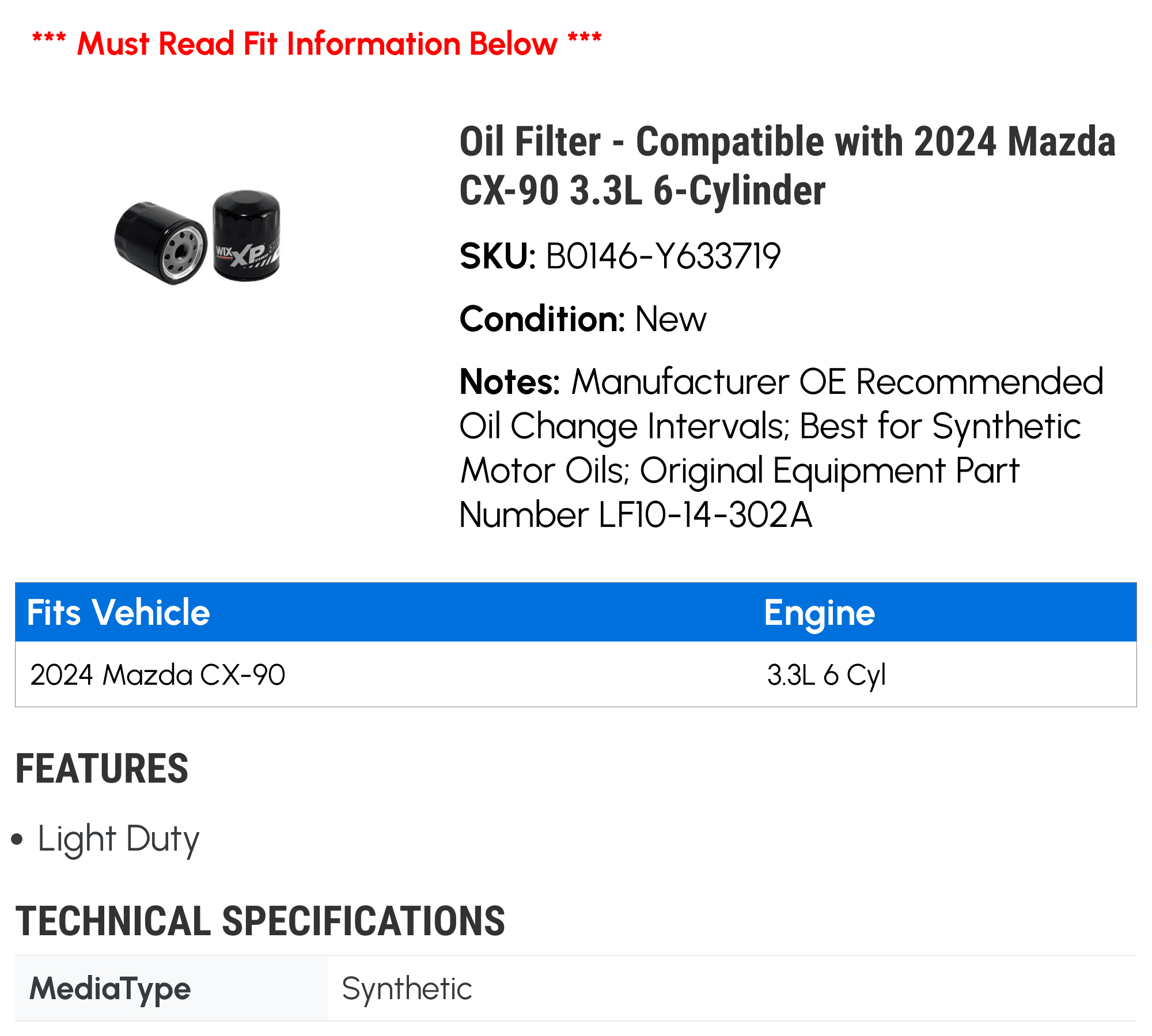 Oil Filter - Compatible with 2024 Mazda CX-90 3.3L 6-Cylinder