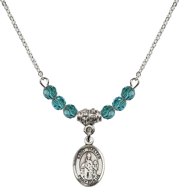 Bonyak Jewelry 18 Inch Rhodium Plated Necklace w/ 4mm Blue December Birth Month Stone Beads and Saint Walter of Pontoise Charm