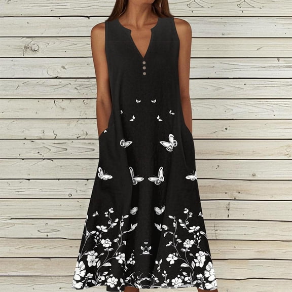 Nmnitkp Summer Dresses for Women Sleeveless V Neck Floral Butterfly Print Midi Dress, Fashion Casual Summer Dress with Side Pockets for Vacation & Daily Wear Multicolor,S