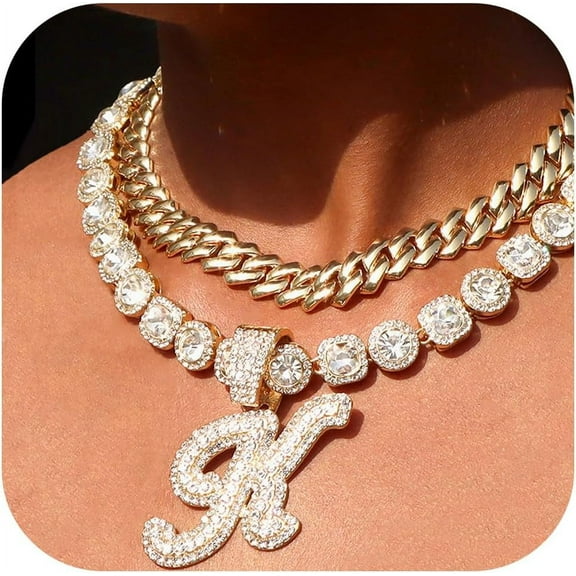 2Pcs Cuban Link Chain For Women Cursive Silver Initial Necklace Cuban Link Necklace For Women Hip Hop Iced Out Chain Necklace Bling Diamond 14Mm Cuban Chain Letter Name Hip Hop Jewelry[Z4648]