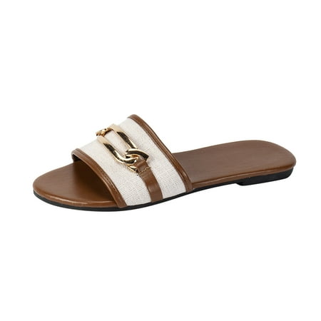 

Krdevn Ladies Fashion Summer Metal Buckle Decoration Open Toe Flat Bottom Slippers Brown 8