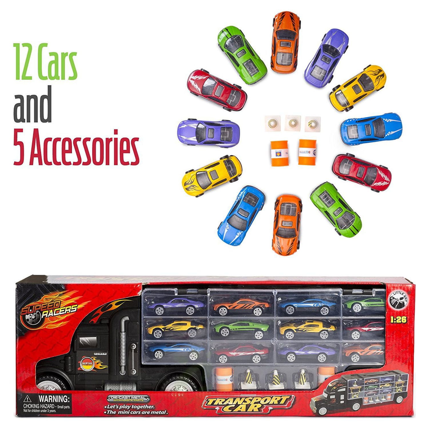 Big-Daddy Tractor Trailer Car Collection Case Carrier Transport Toy Truck For Kids Includes 12 Cars + Accessories
