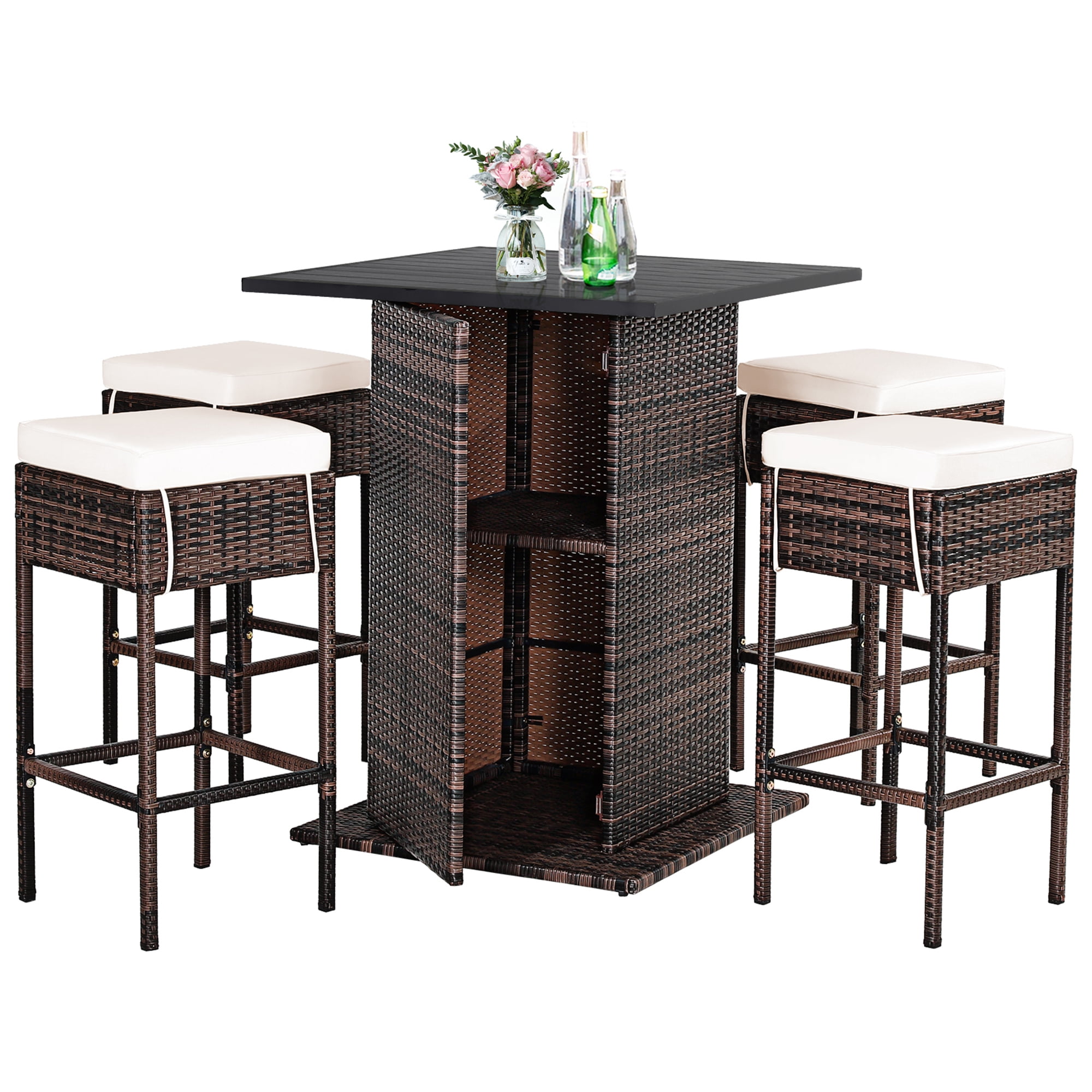 Gymax 5PCS Patio Bar Set Rattan Bar Furniture Set w/ Table & 4 Cushioned Stools
