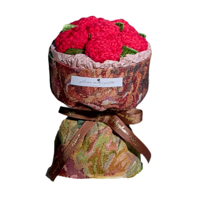 Ramo de flores artificiales de ganchillo, ramo tejido, regalo de cumpleaños, decoración del hogar retro Rojo