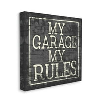 Distressed 'My Garage My Rules' Phrase Black White Typography Gallery-Wrapped Canvas Print Wall Art, 17x17