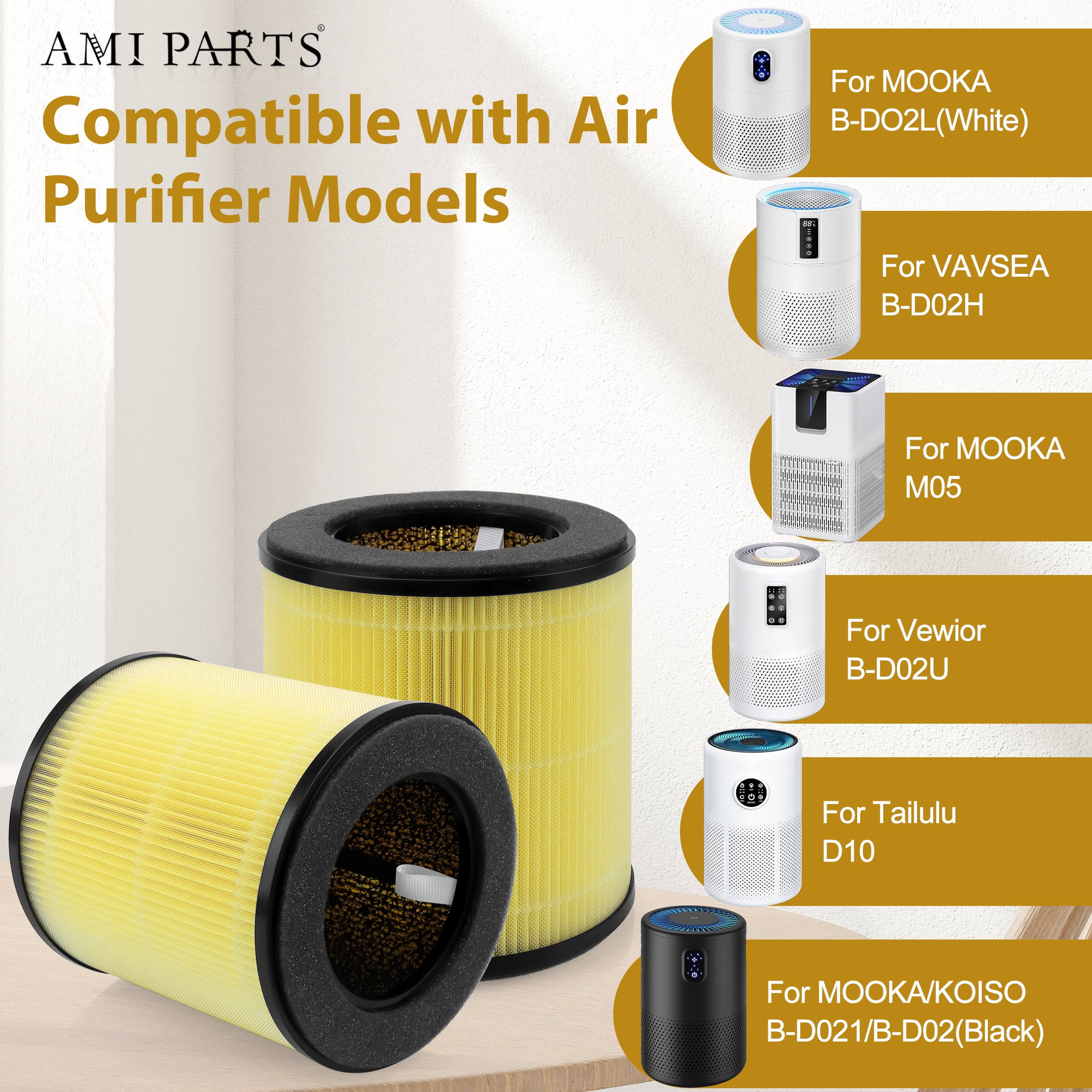 AMI PARTS B-D02L Air Filter Replacement for MOOKA and KOIOS B-D02L Air Purifier, 3-in-1 True Hepa Activated Carbon Filter