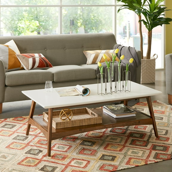 Rectangular Coffee Table with Wood Top and Metal Legs, Living Room Table with Lower Storage Shelf for Living Room Bedroom Apartment, Modern Style