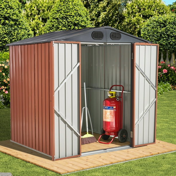 SESSLIFE Galvanized Metal Outdoor Shed with Lockable Door, Brown Outside Storage Sheds, Outdoor