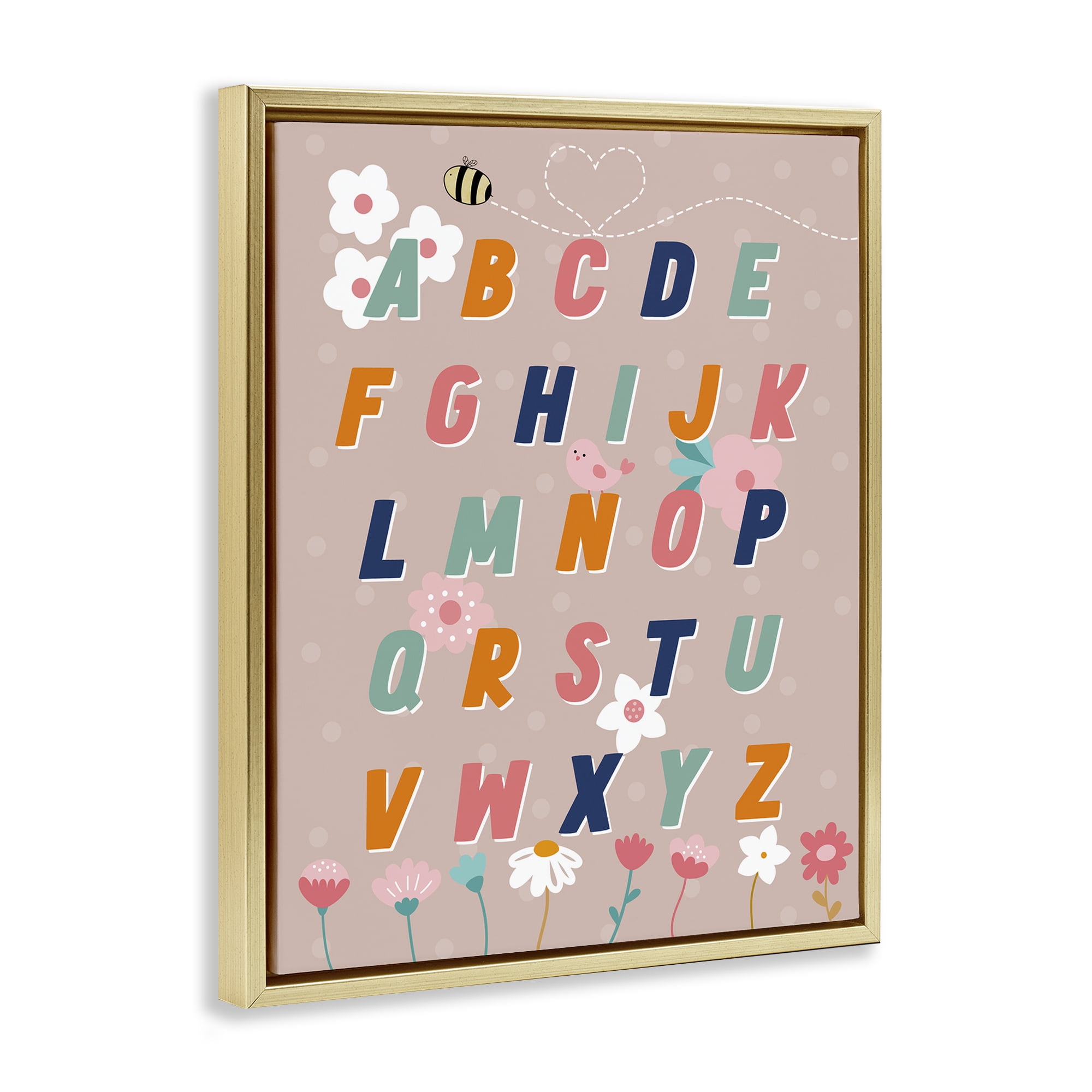 Stupell Industries Alphabet with Florals Botanical & Floral Painting Gold Floater Framed Art Print Wall Art, 17 x 21
