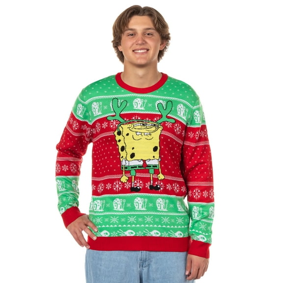 SpongeBob SquarePants Ugly Christmas Sweater Men's Reindeer Bob and Gary Knit Pullover