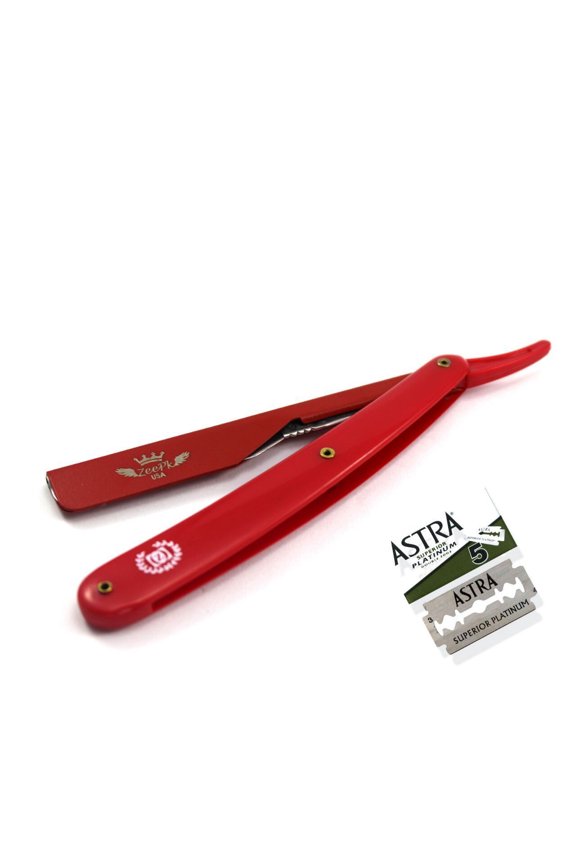 ALL RED BEARD CUT THROAT (SHAVETTE) STRAIGHT BARBER RAZOR + 5 ASTRA BLADES