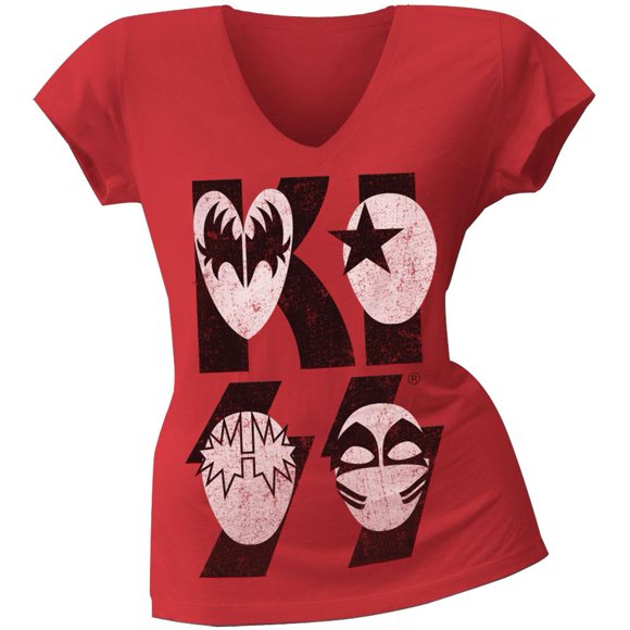Kiss - T-Shirt Junior à Col en V avec Logo de Masque de Dessin Animé