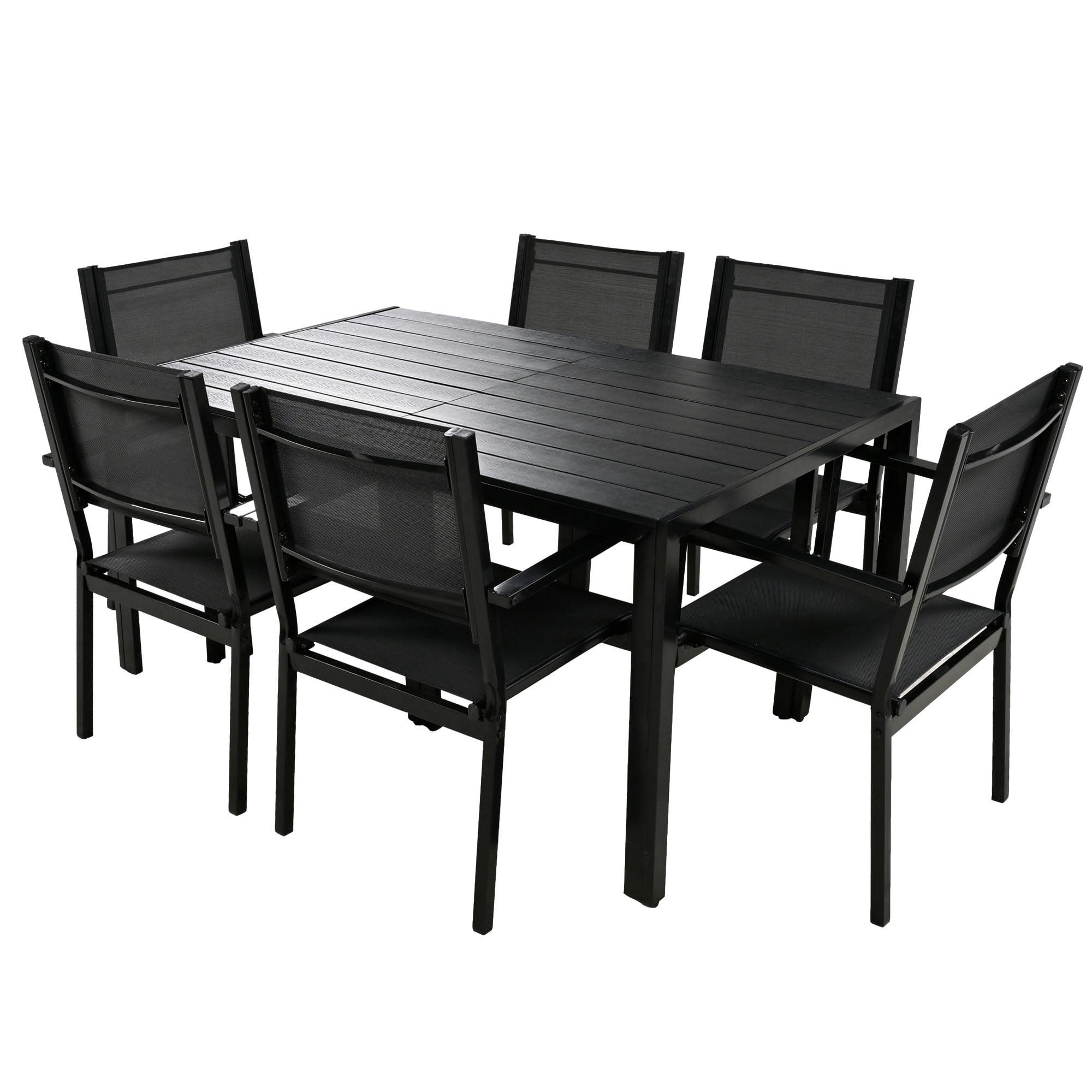 Outdoor Dining Table & Chairs, Patio Dining Sets with 6 Stackable Textilene Armchairs, All-Weather Plastic Furniture Dining Set Steel Frame and Wood Grain Top Table