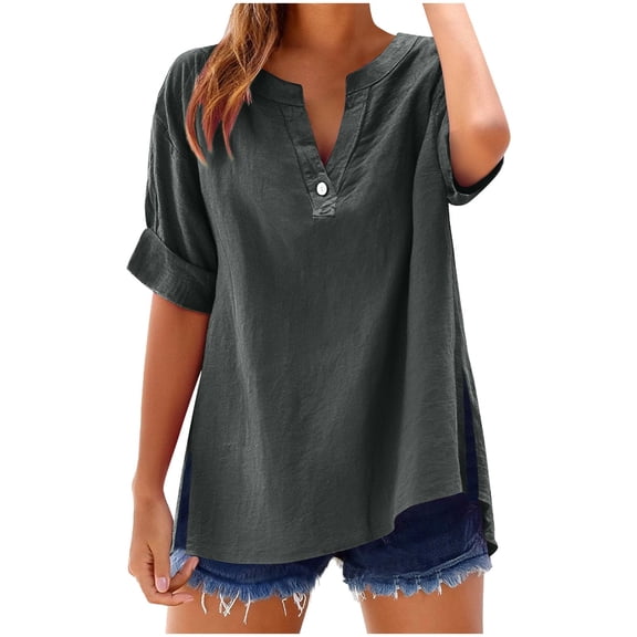 Cmfcve Cotton Linen Shirts for Women Summer Short Sleeve V-Neck Button Down Tops Dressy Casual Oversized Gauze Tshirts